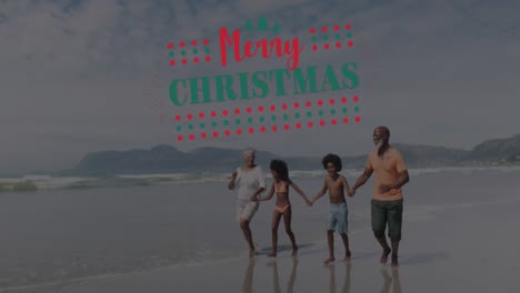 Animation-of-christmas-greetings-text-over-african-american-grandparents-with-grandchildren-on-beach