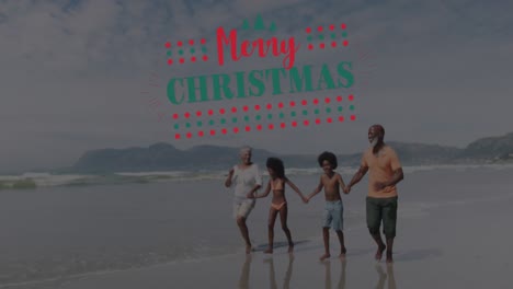 animation of christmas greetings text over african american grandparents with grandchildren on beach