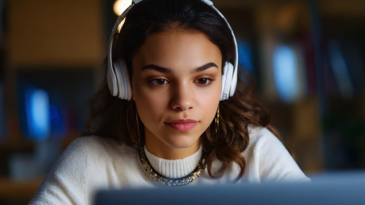 A young woman focused on her computer screen, immersed in her task, wearing headphones, in a cozy indoor setting during the evening, showcasing concentration and engagement