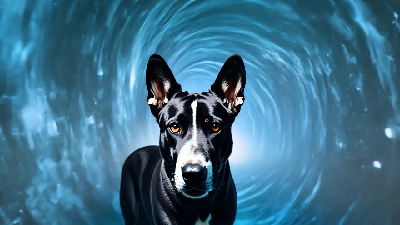 Black and white dog entering a wormhole, surrounded by stars and nebulas in a cosmic, surreal adventure