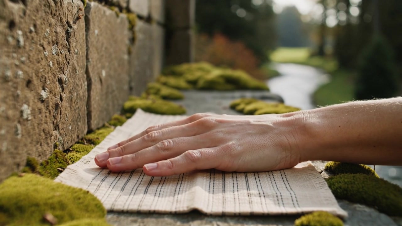 Approaching right, adult bare hand smoothing striped cloth on mossy stone ledge in garden to secure