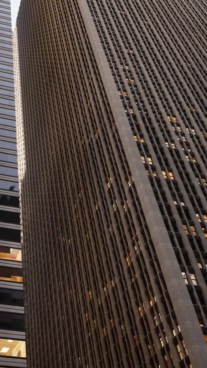 Tall buildings reflect each other in city during evening light hours