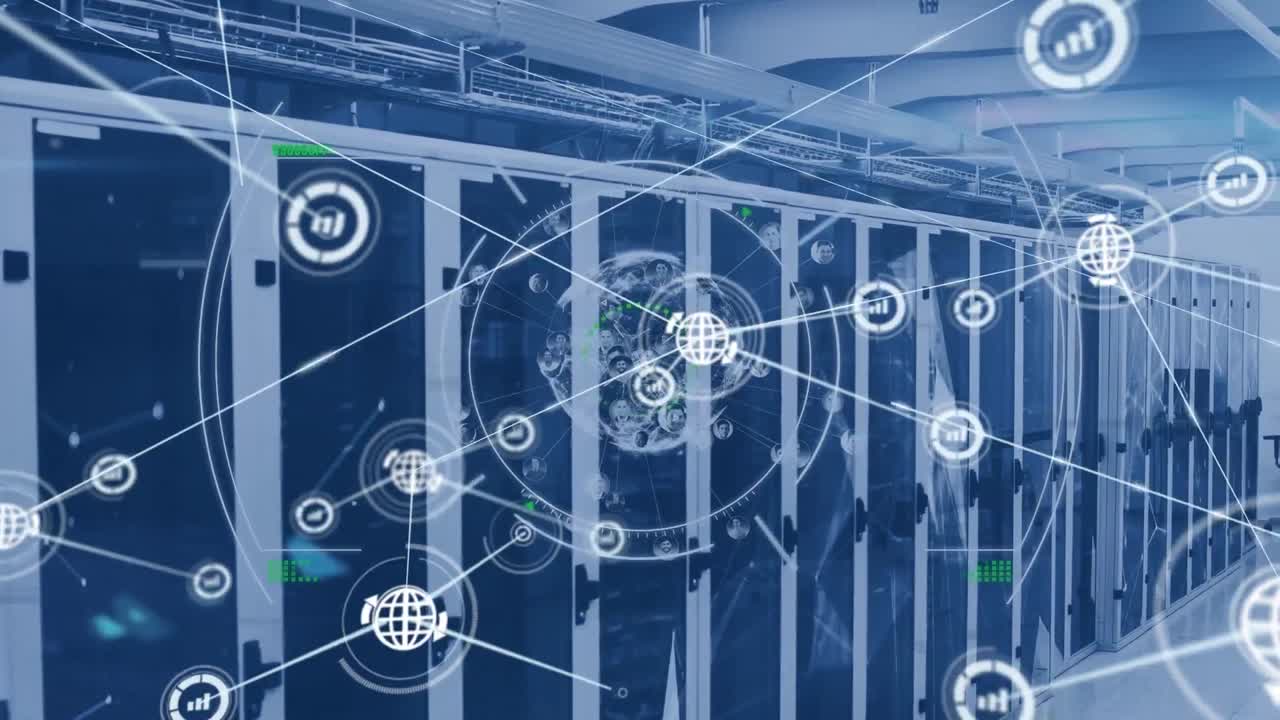 animación de la red de conexiones con globo e iconos a través de servidores informáticos