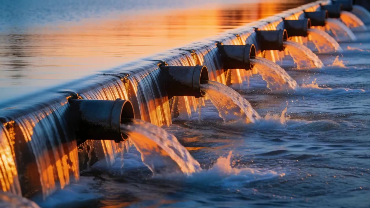 Tubi di scarico metallici che riversano acqua in una vasca di sfioro, creando increspature dal trabocco.
