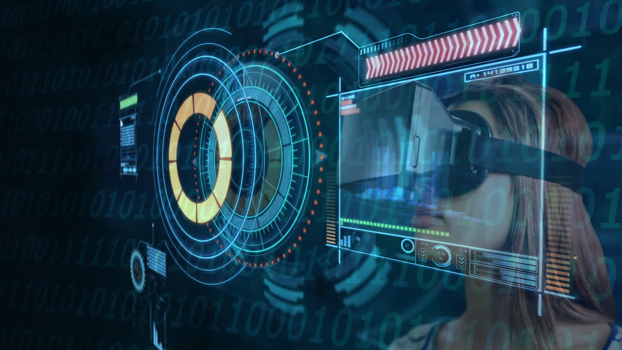 donna che usa auricolari vr con dati