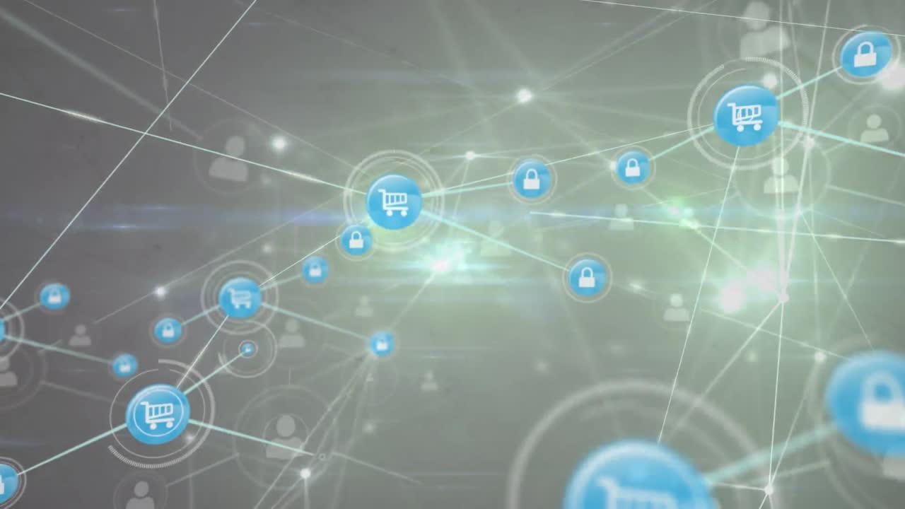 animación de la red de conexiones con iconos en fondo oscuro