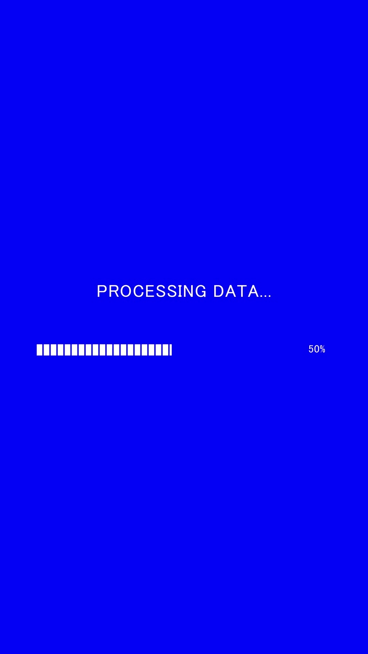 Vertical video of loading progress bar with on-screen text processing data on blue background