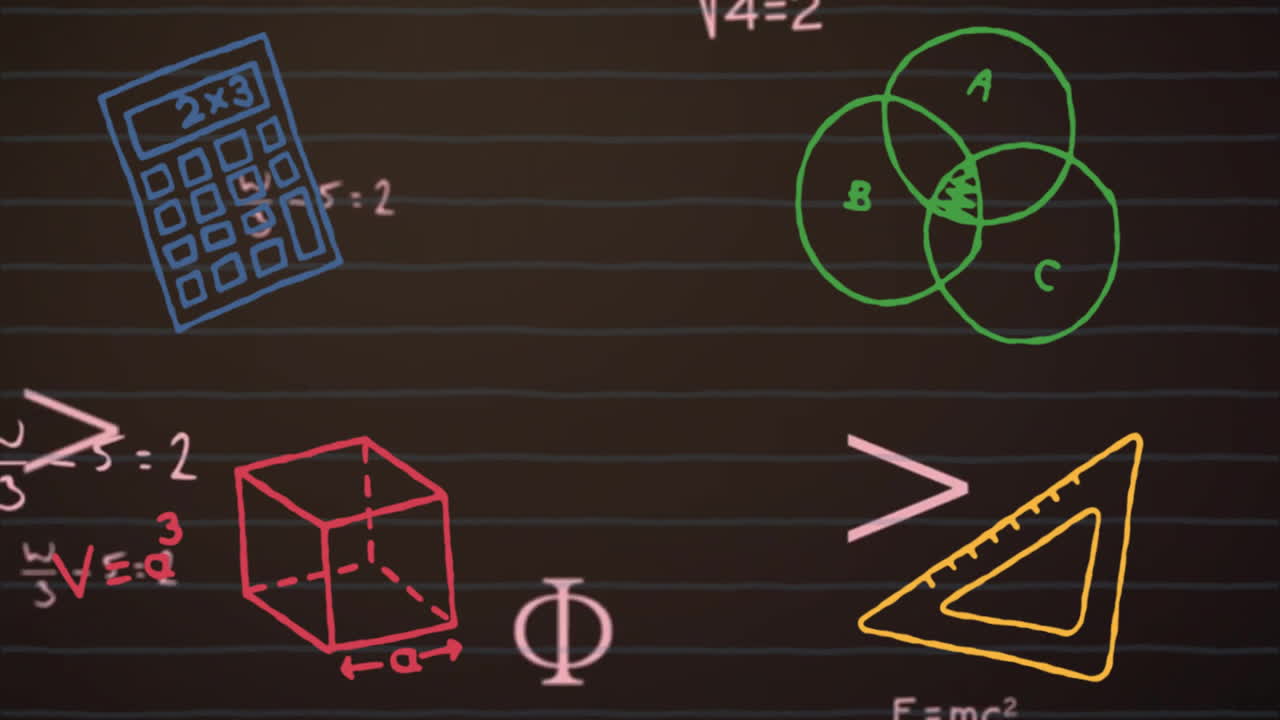 검은 바탕에 수학적 데이터 처리 및 학교 아이콘의 애니메이션