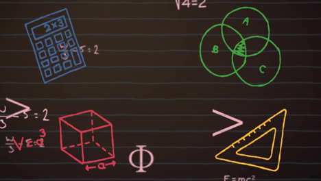 animación del procesamiento de datos matemáticos y iconos escolares sobre un fondo negro