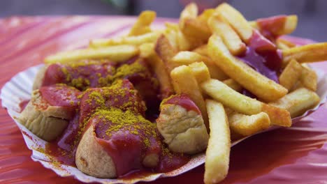 eating delicious currywurst of berlin with golden fries and ketchup