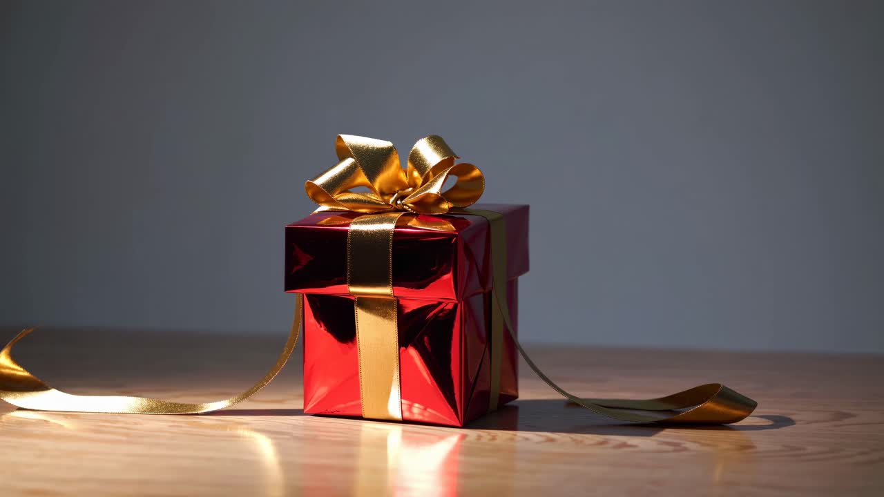 A video still of a red gift box with a gold ribbon on a wooden table