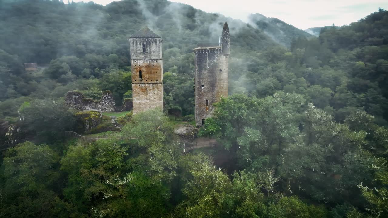 drone side shot around the ruins of a castle lost in the middle of the forest