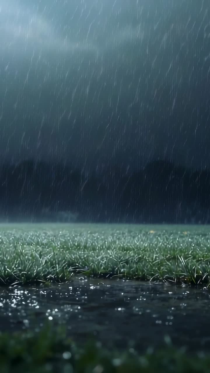 Falling rain streaking over short grass blades at ground level, with puddle ripples and haze