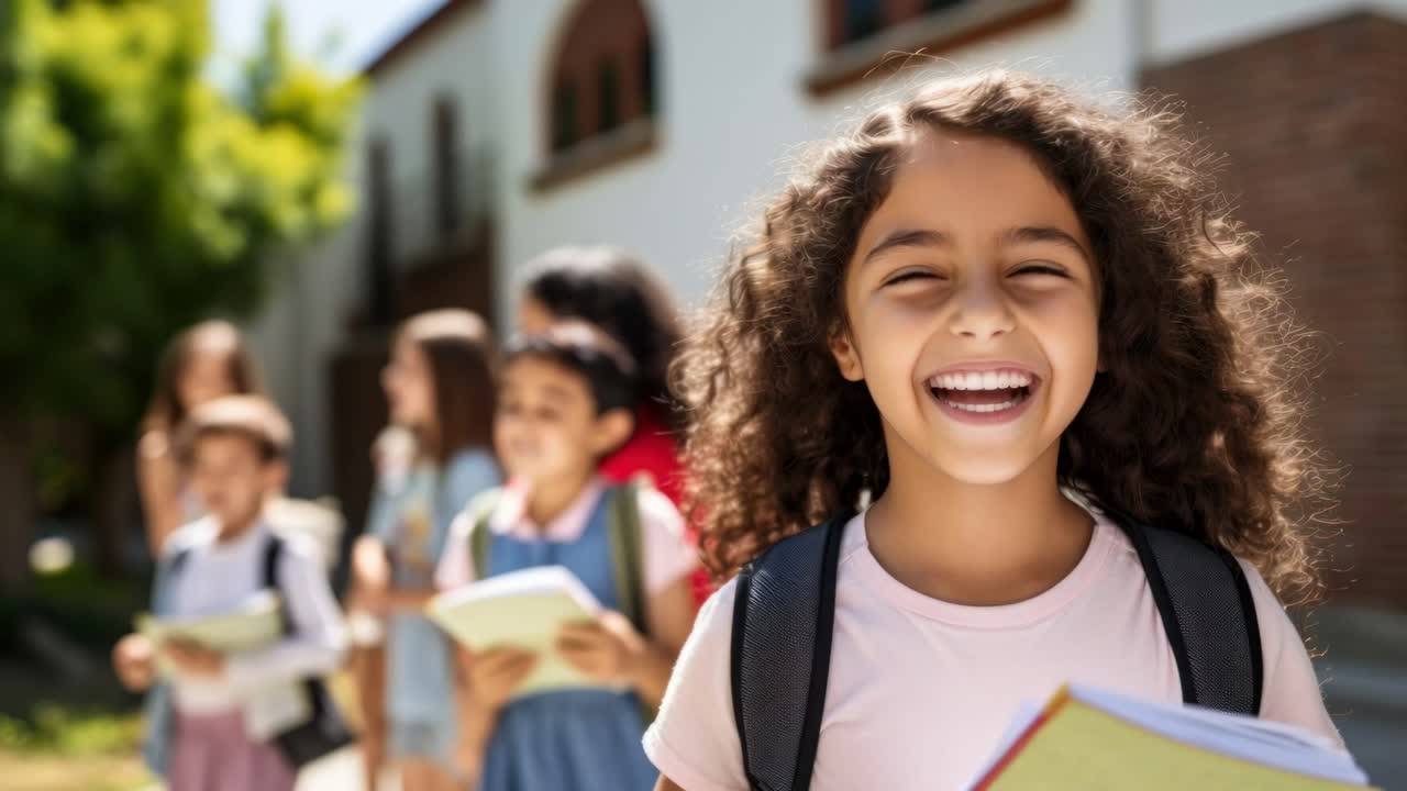 A joyful child in focus, smiling with a backpack, captured in a low-angle shot