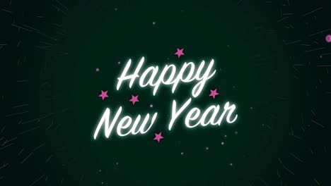 animated motion graphics white happy new year celebration with light stars and fireworks alpha looping particle glow visual effect text title background 4k dark green