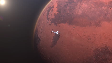 planeta marte con satélite explorando en órbita marciana.