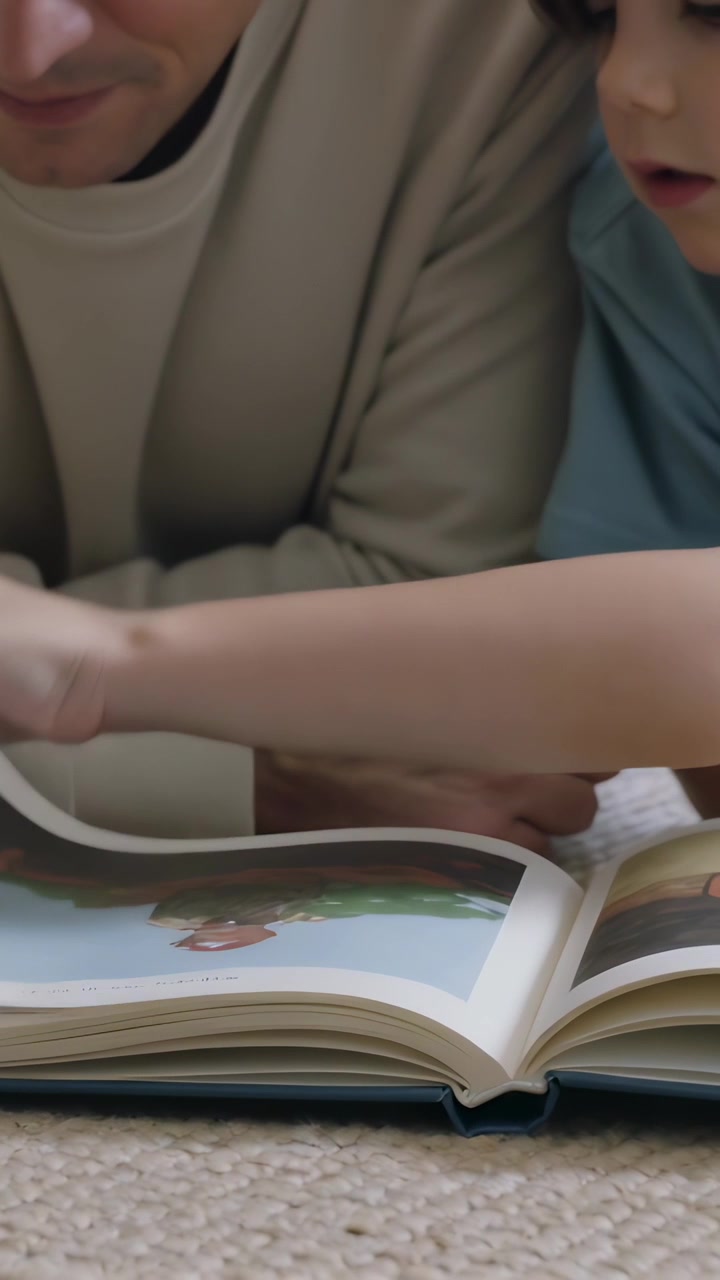 Vertical video: Leaning adult guiding child reaching and turning book pages at home for reading