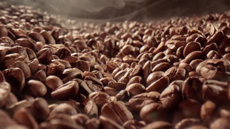 close up of seeds of coffee. fragrant coffee beans are roasted smoke comes from coffee beans.