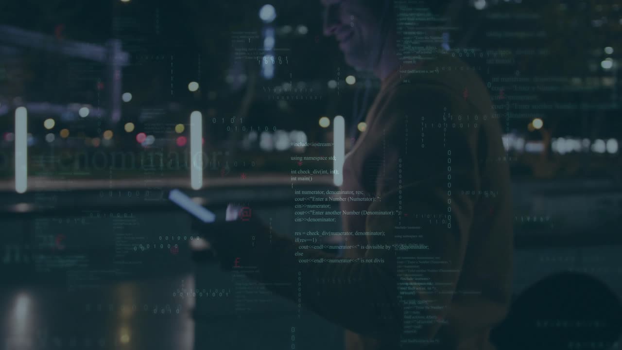 Man tapping glowing device near lit bollards, starting code overlays and checking tech data