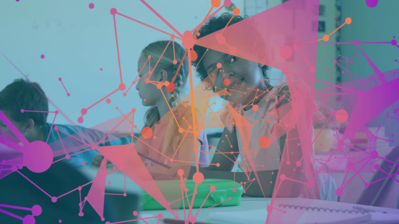 Animated network overlay fading in classroom students taking notes while lines pulsing, girl waving