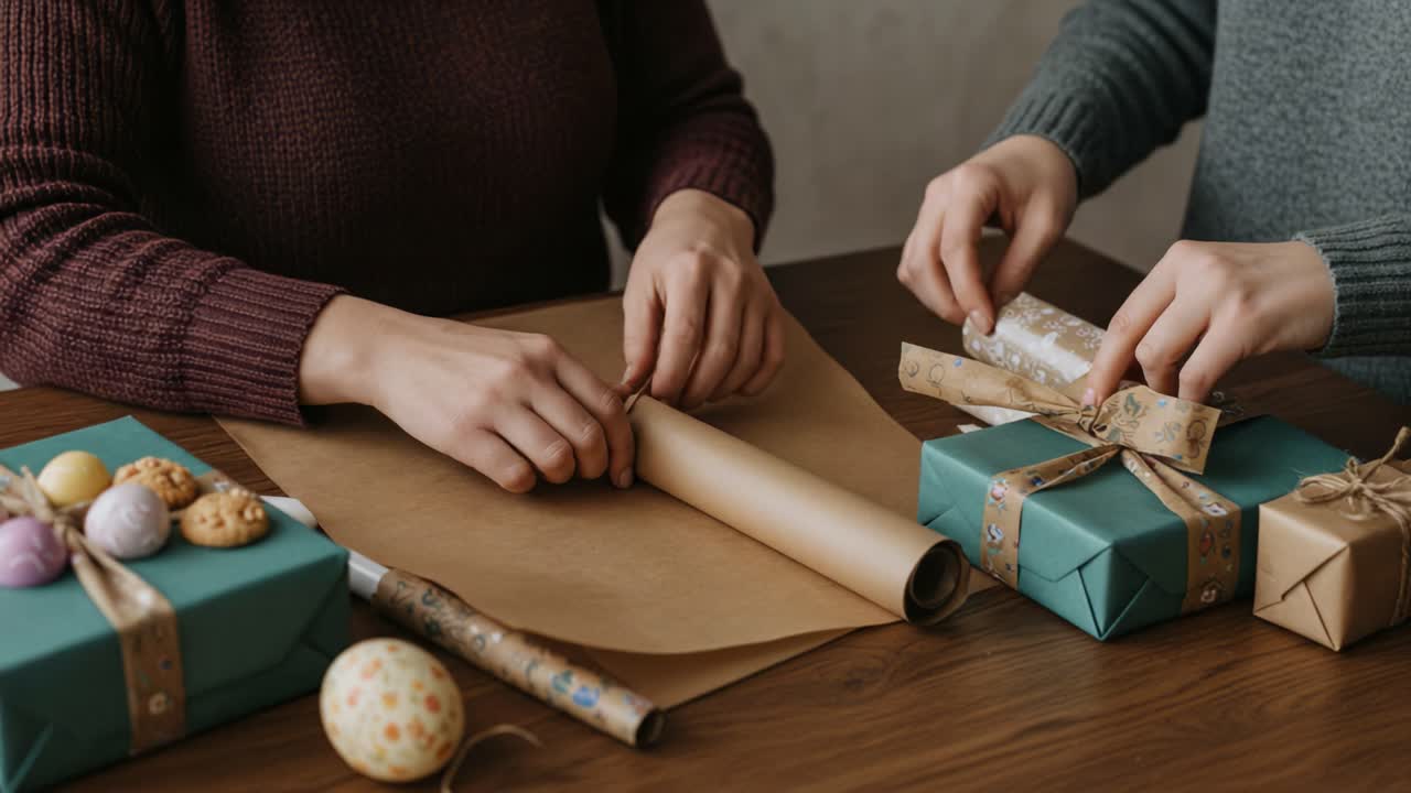Creative Gift Wrapping Moments: Two Friends Skillfully Preparing Presents with Beautiful Paper, Bows, and Special Touches on a Wooden Table