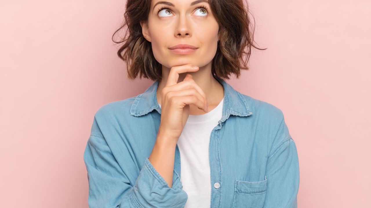 Una donna pensierosa contempla con un'espressione curiosa su uno sfondo rosa tenue, in una serie di accattivanti inquadrature del suo riflesso.