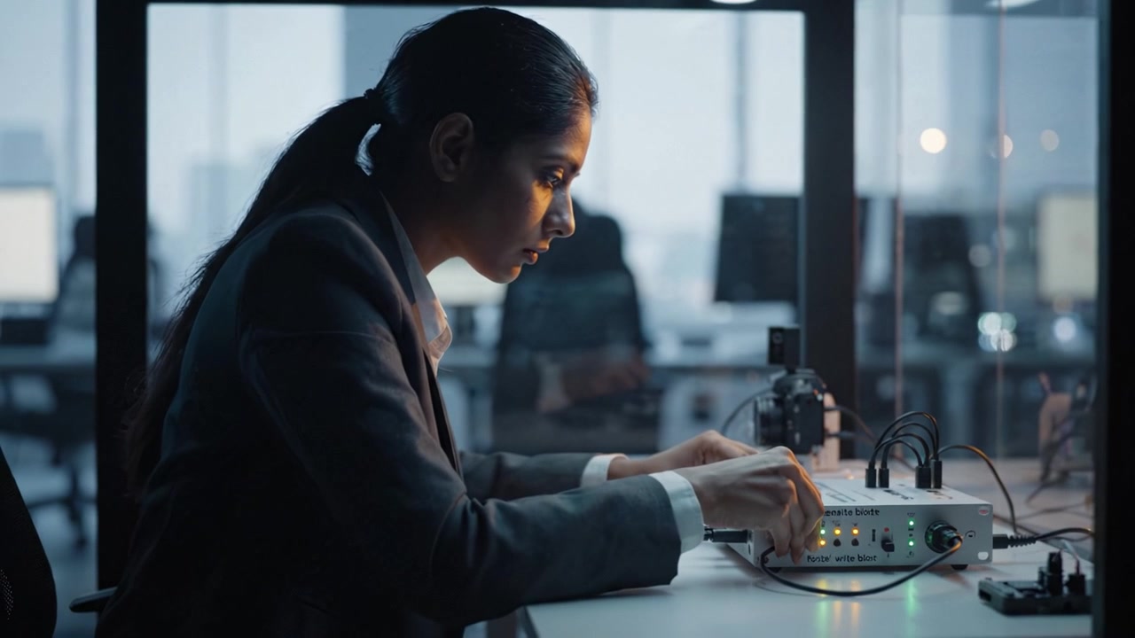 Focused technician meticulously working at her workstation, connecting devices and analyzing data with precision in a modern, dimly lit tech environment.
