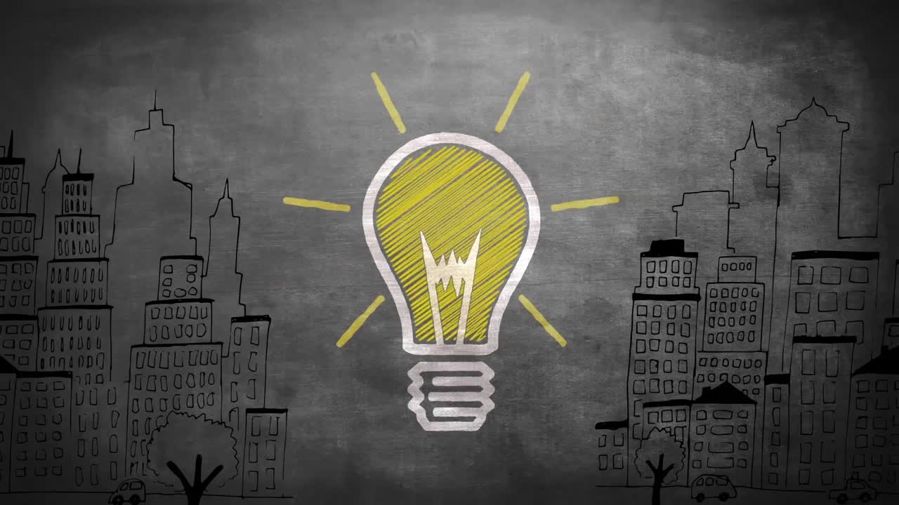 animación del icono de la bombilla sobre el paisaje urbano