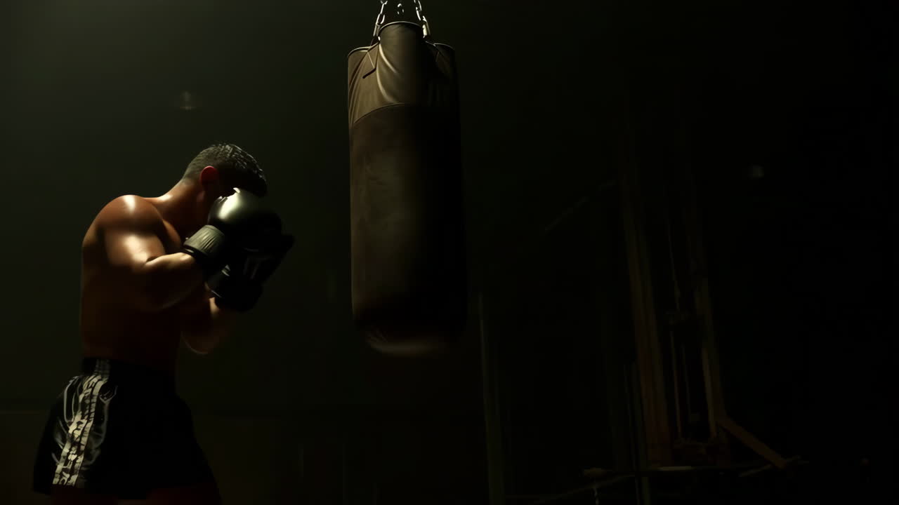 Boxer Training with Punching Bag in a Dimly Lit Gym
