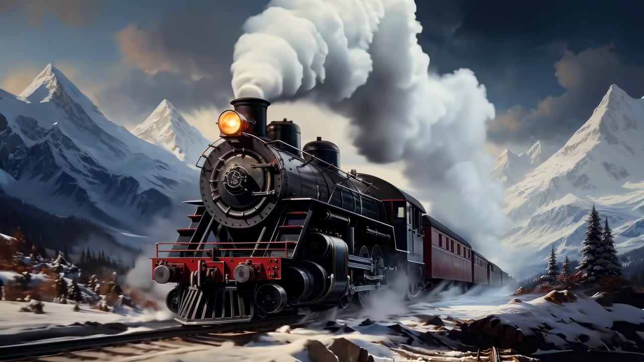 A vintage steam train travels through snowy mountains. Captured from a low-angle, the scene