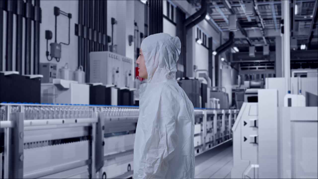 Side View Of Asian Male Scientist Looking Around In Water Factory, Water Bottles on Production Line