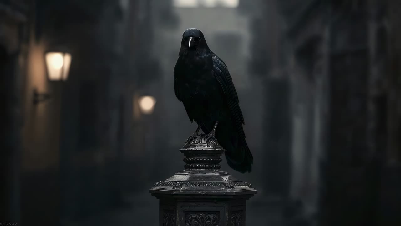 Darkness descending causing crow perching on pedestal scanning area on misty street, with warm lamp