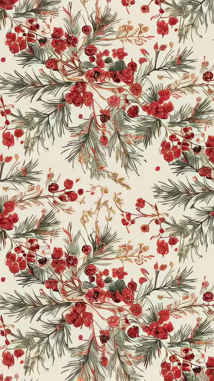 Vertical video: Playback starting camera panning across cream print, revealing red berry clusters