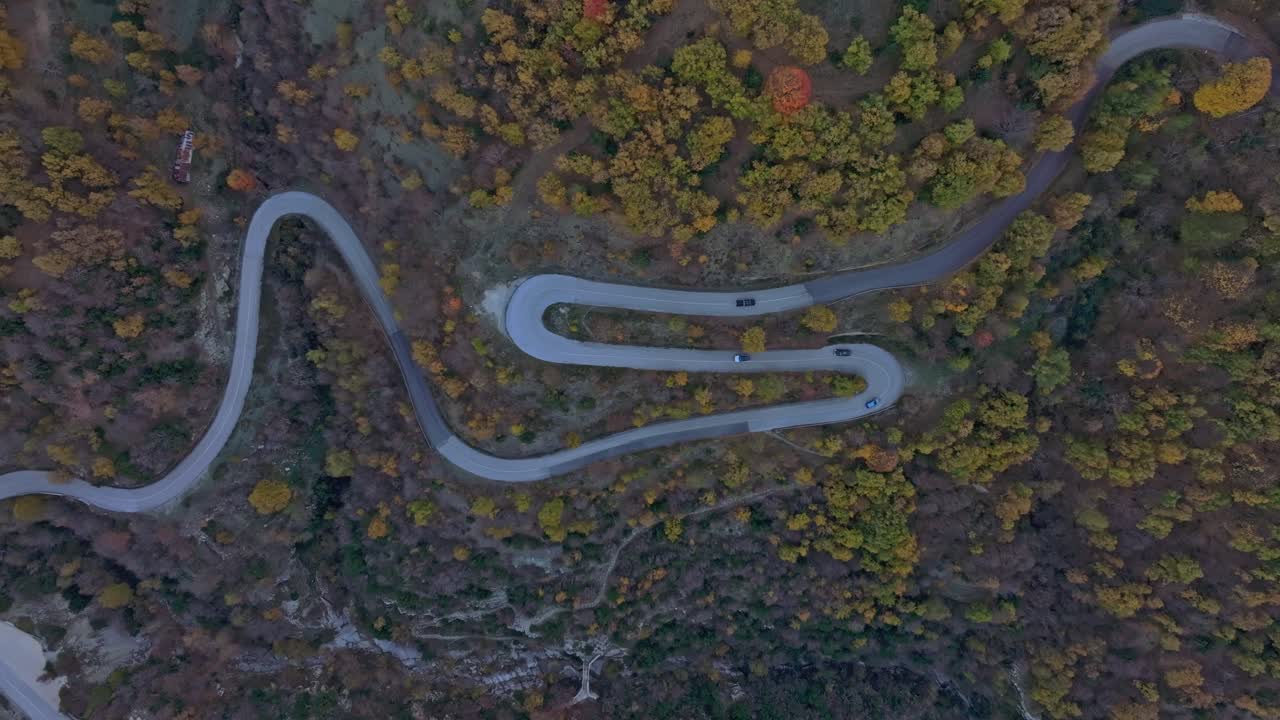 Aerial frame of vehicle driving through sunrise forest, Papigo