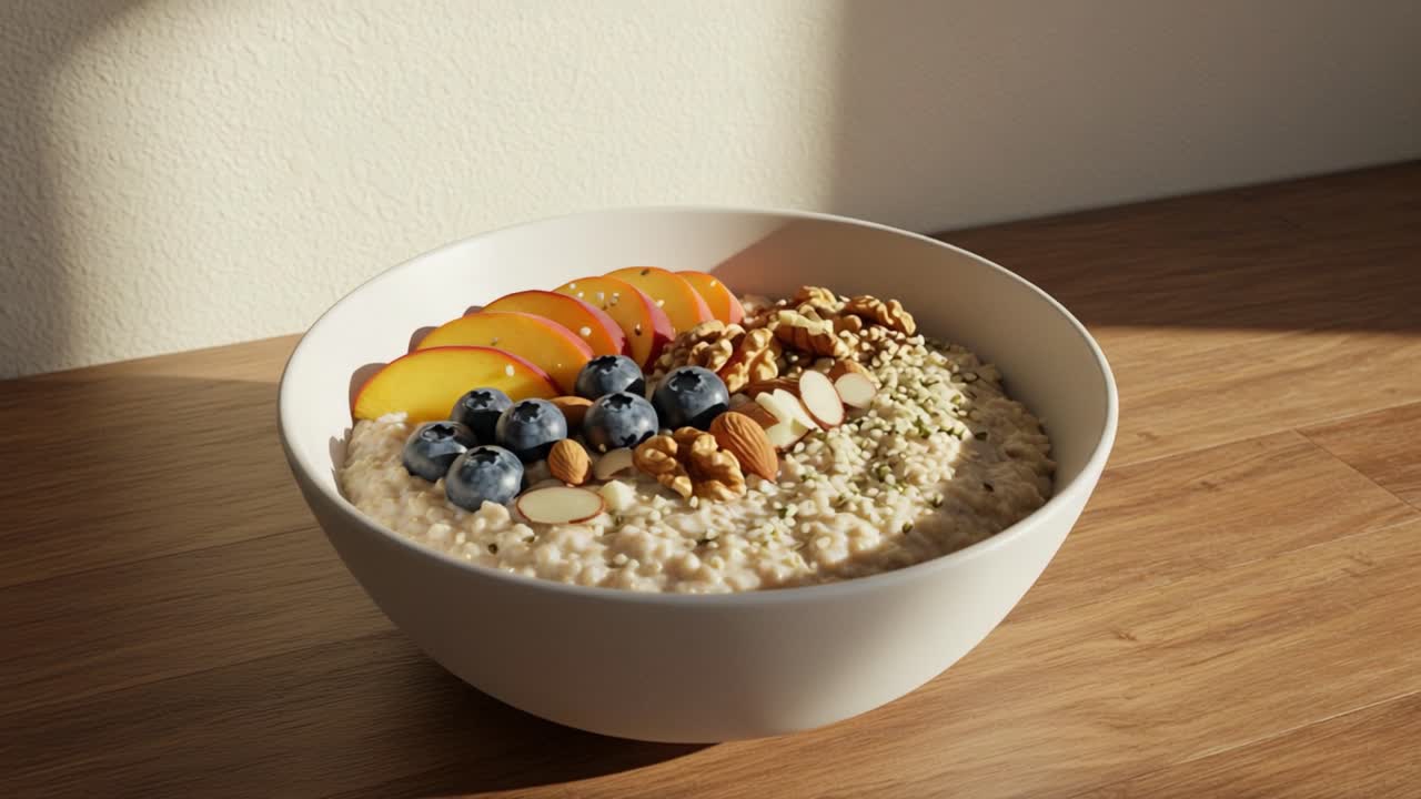 A Delicious Bowl of Oatmeal Topped with Fresh Slices of Peach, Blueberries, Nuts, and Seeds, Perfect for a Healthy Breakfast or Snack Option