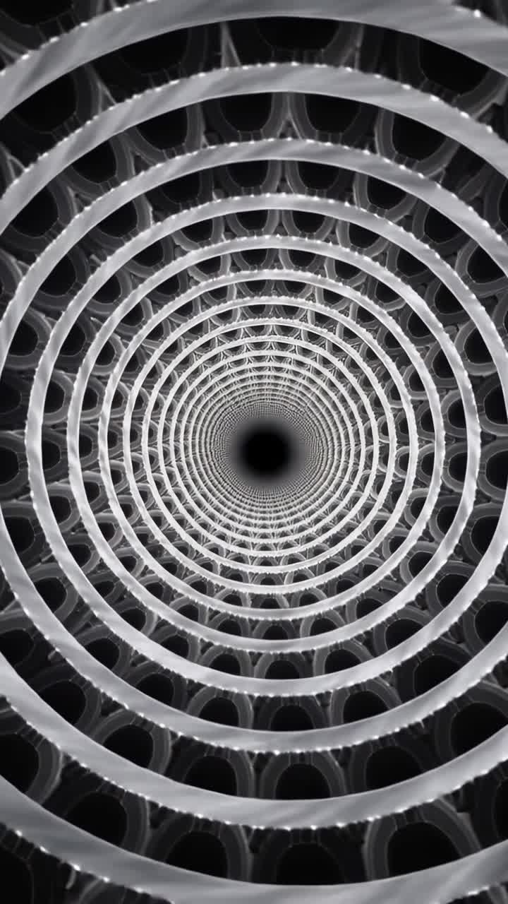 Video vertical: Reproducción que inicia enviando la cámara dentro de un túnel de anillos concéntricos, revelando una abertura oscura.