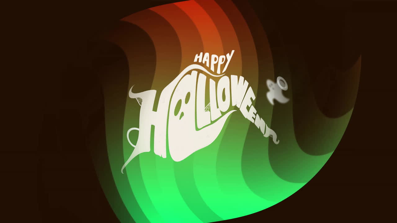 Ghostly design with Happy Halloween text on green and orange wavy background