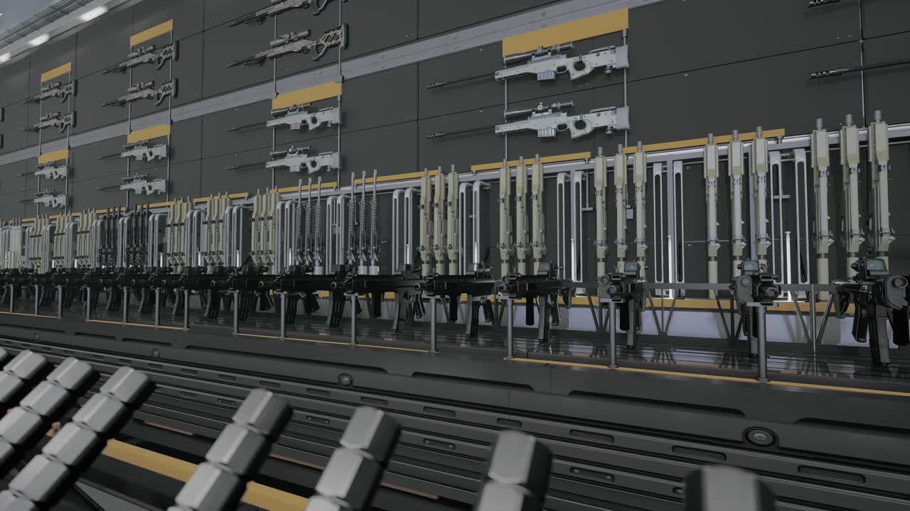Row of Assault Rifles and Other Firearms on Display Wall