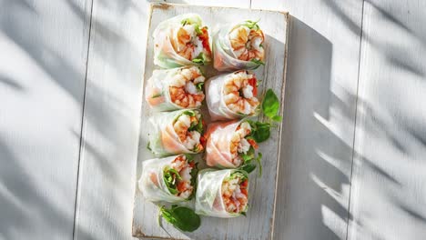 fresh shrimp spring rolls on rustic wooden board