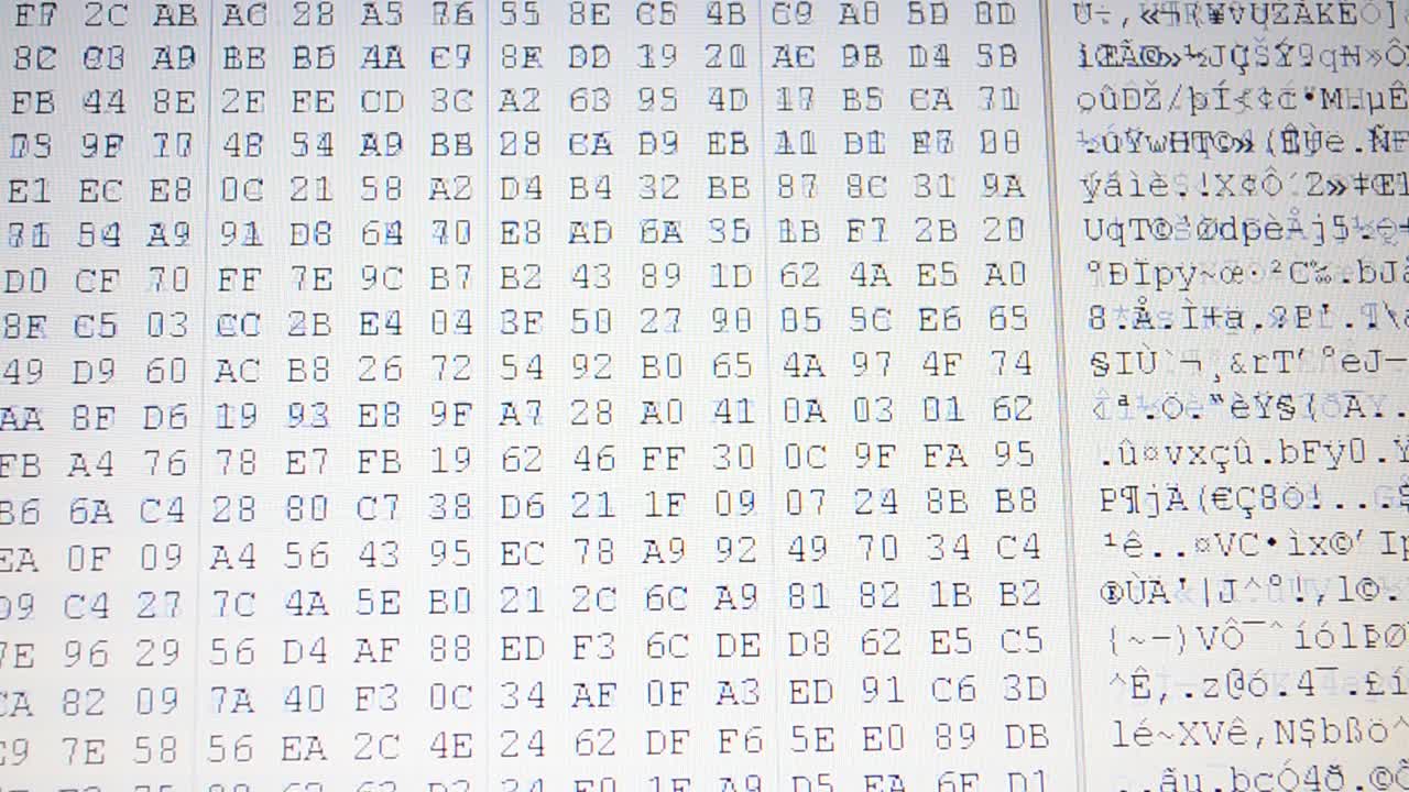 Funcionamiento del programa para un código. Código de programa. Código de programa hexadecimal en pantalla. Fondo animado de números de código binario en movimiento