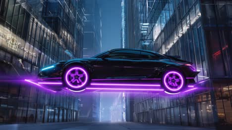 futuristic black hover car with purple neon lights in a cyberpunk city
