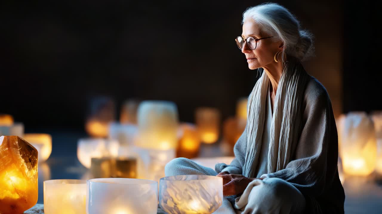 A serene moment of reflection and meditation with glowing crystal bowls, where an elderly woman embodies tranquility amidst a luminescent array of natural elements, promoting peace and mindfulness