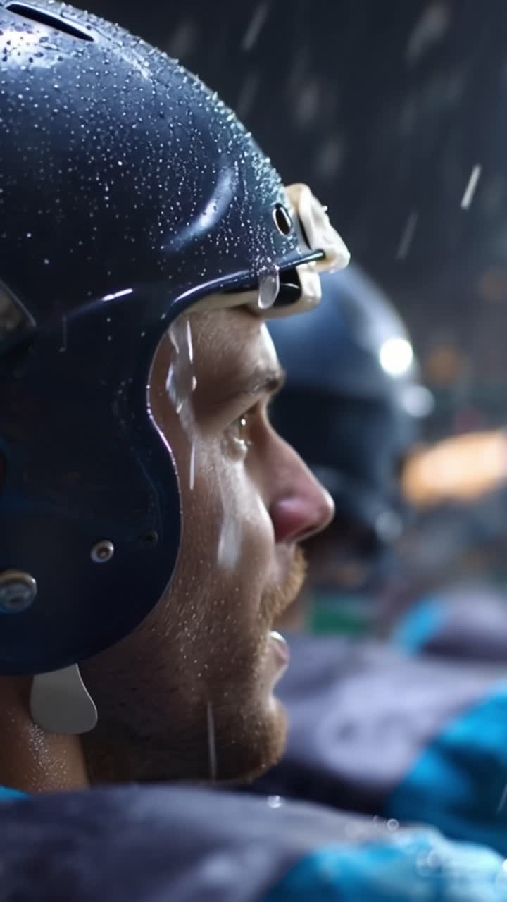 Focus and Determination: A Close-Up on a Football Player's Determined Expression Under Rainy Conditions in a Dynamic Sports Environment