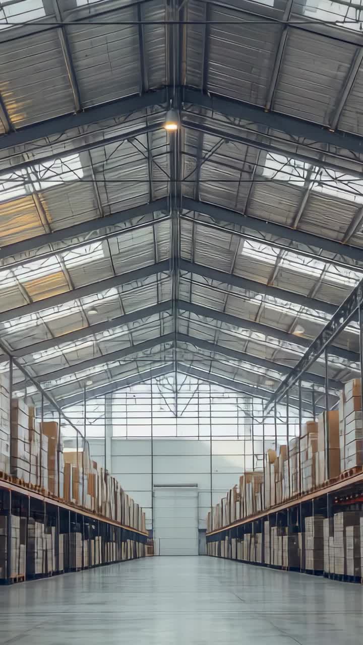 Vertical video: Recording camera capturing warehouse with racks loaded with boxes and cylinders