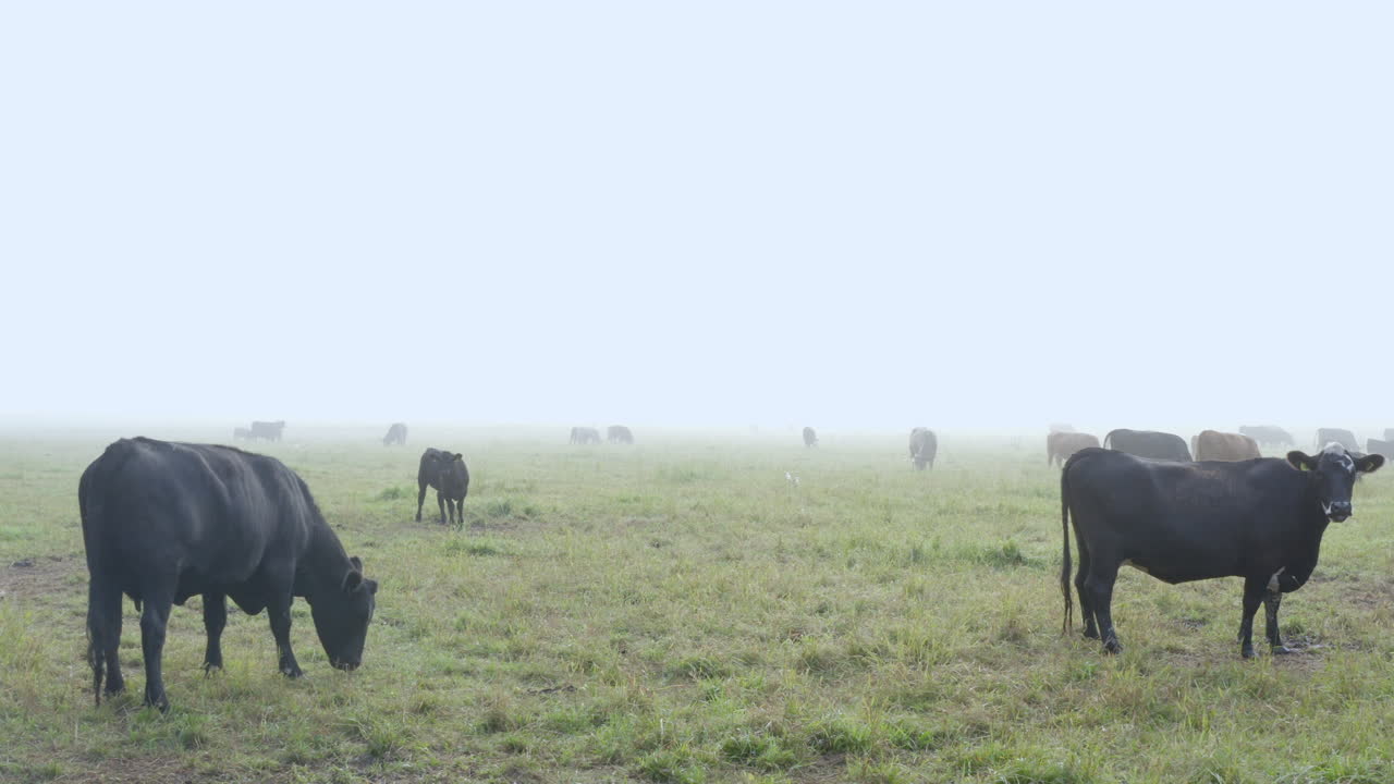 Mucche al pascolo in un prato avvolto nella nebbia