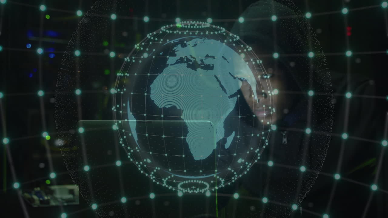 Animation of ai data processing and globe over black background