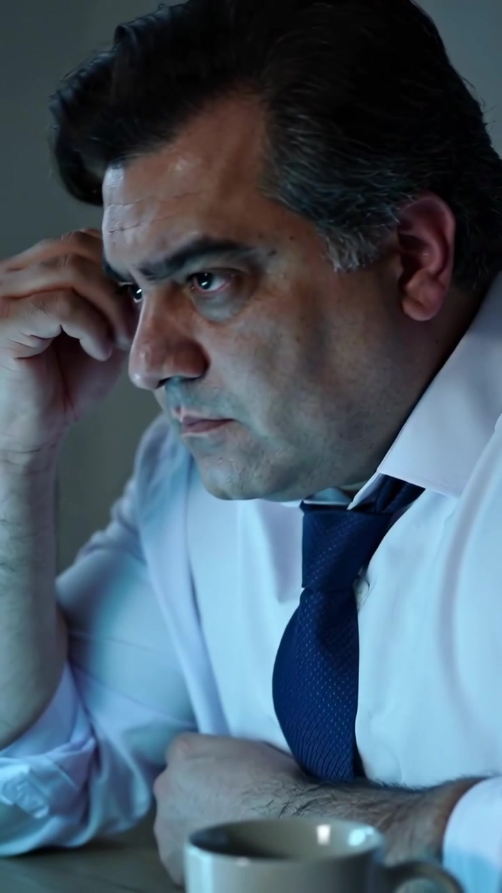 Video verticale: Uomo alla scrivania con la cravatta che consulta documenti, legge grafici sul laptop e prende decisioni, con spazio per il testo.