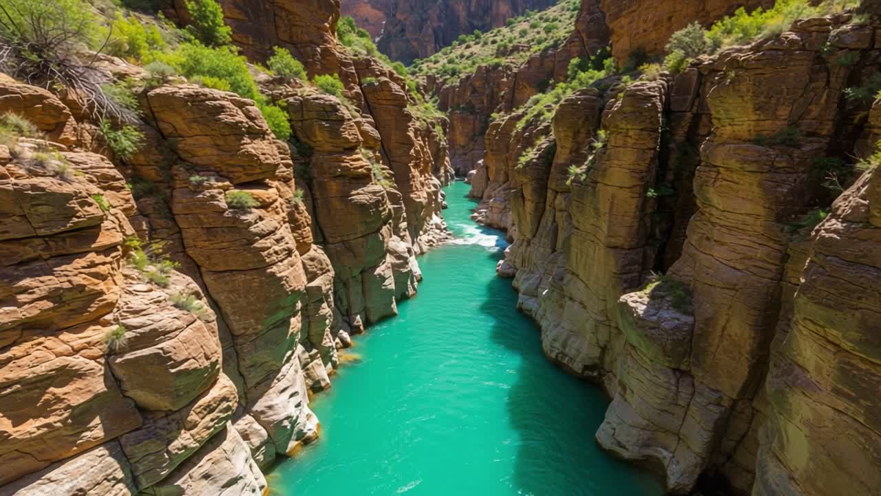 A Stunning Aerial View of a Serene River Flowing Through Majestic Rocky Canyons Surrounded by Lush Greenery in a Picturesque Landscape