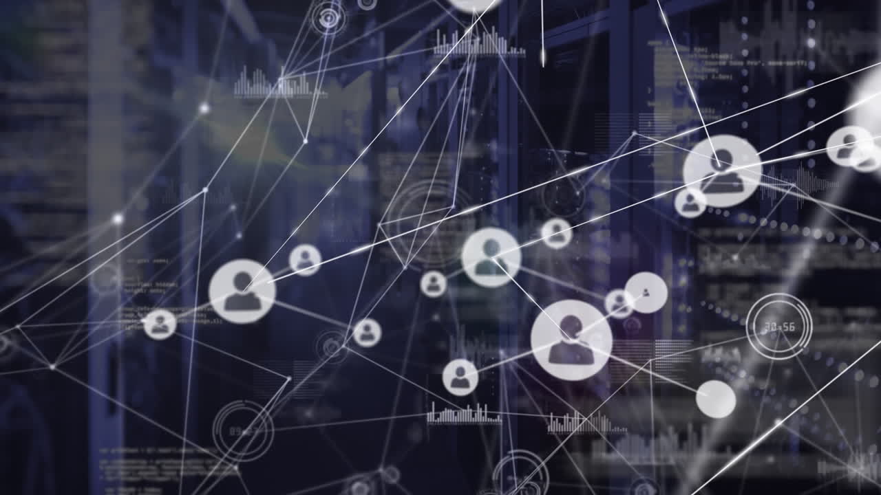 Animation of network of connections with icons over servers