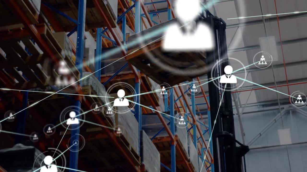 анимация сети соединений с иконками над складом